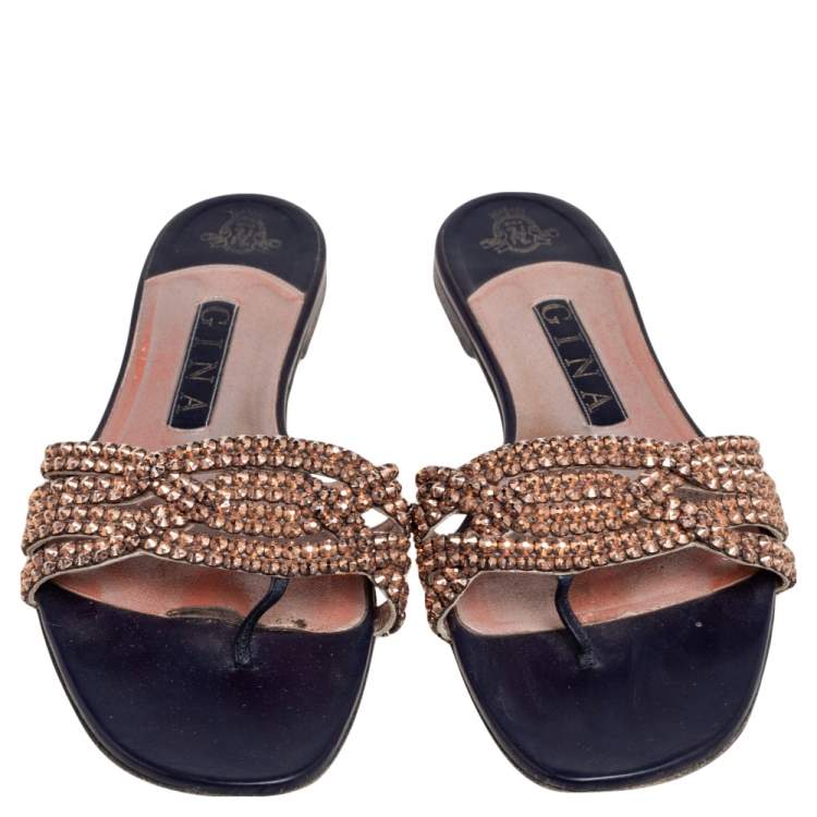 Pre Owned Gina  Black/Purple Leather Crystal Embellished Flat Sandals Size 38.5