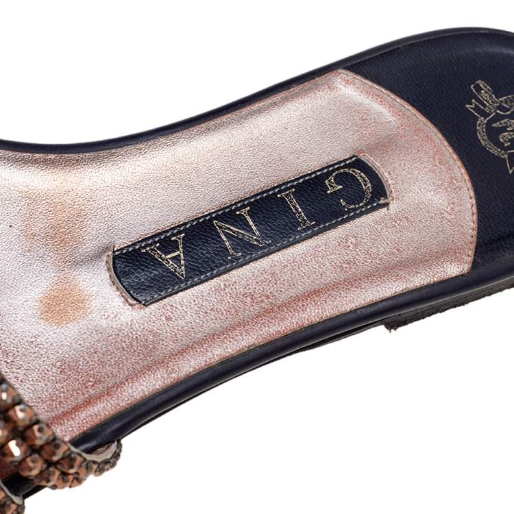 Pre Owned Gina  Black/Purple Leather Crystal Embellished Flat Sandals Size 38.5