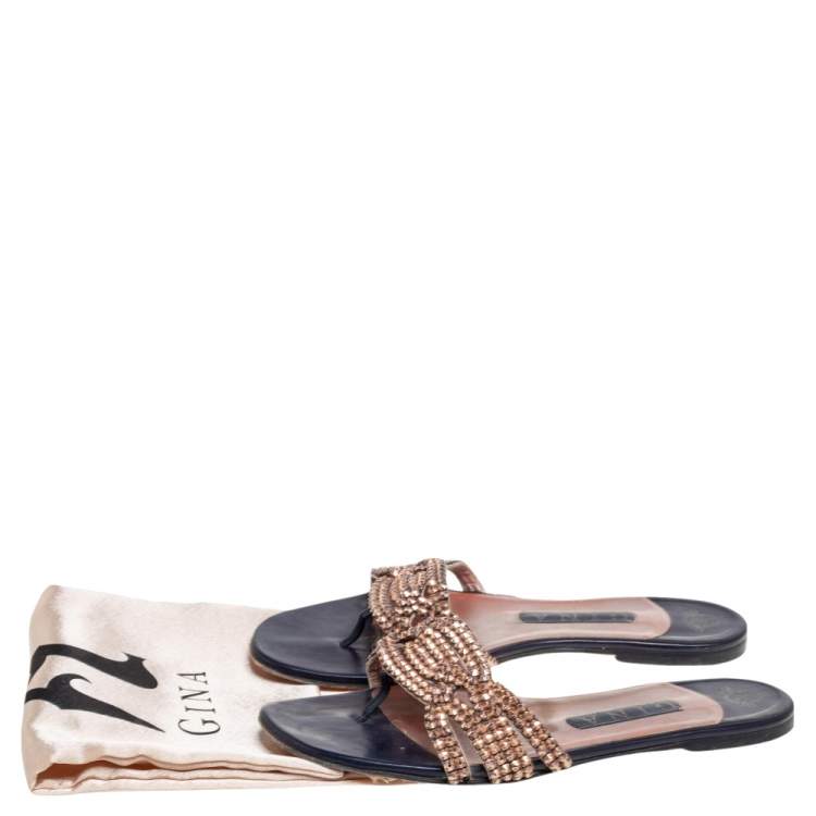 Pre Owned Gina  Black/Purple Leather Crystal Embellished Flat Sandals Size 38.5