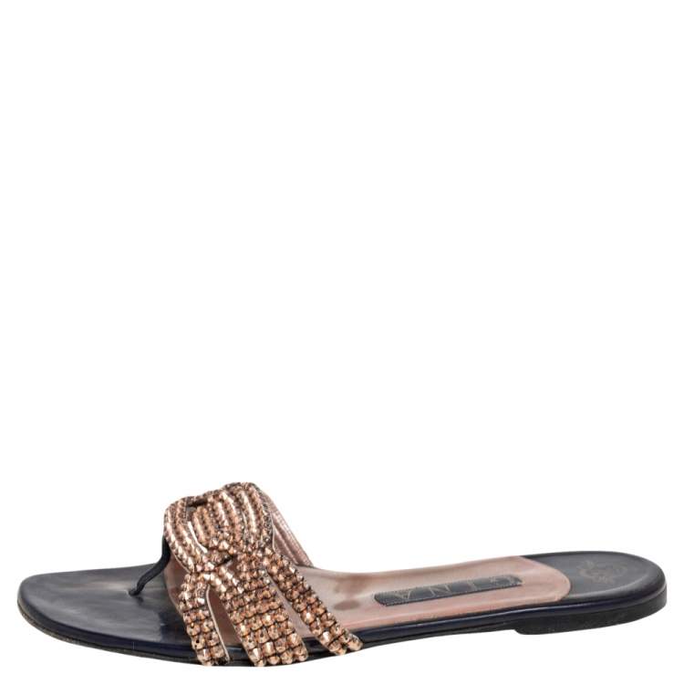 Pre Owned Gina  Black/Purple Leather Crystal Embellished Flat Sandals Size 38.5