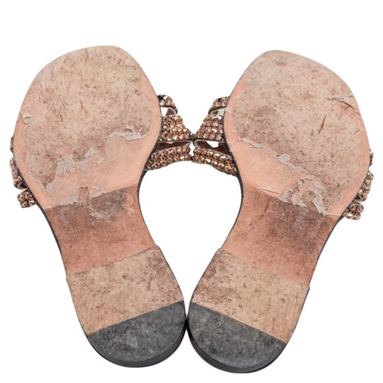 Pre Owned Gina  Black/Purple Leather Crystal Embellished Flat Sandals Size 38.5