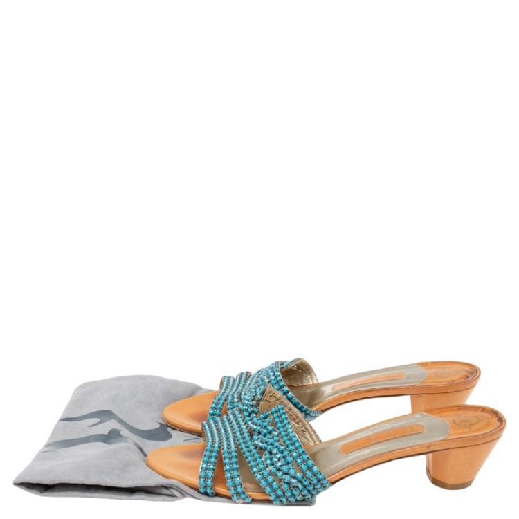 Pre Owned Gina Brown Leather Embellished Loren Slide Sandals Size 39