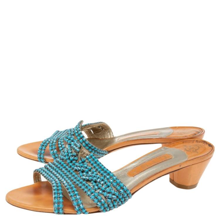 Pre Owned Gina Brown Leather Embellished Loren Slide Sandals Size 39