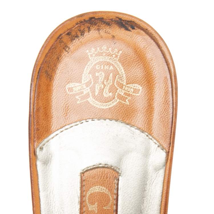 Pre Owned Gina Brown Leather Embellished Loren Slide Sandals Size 39