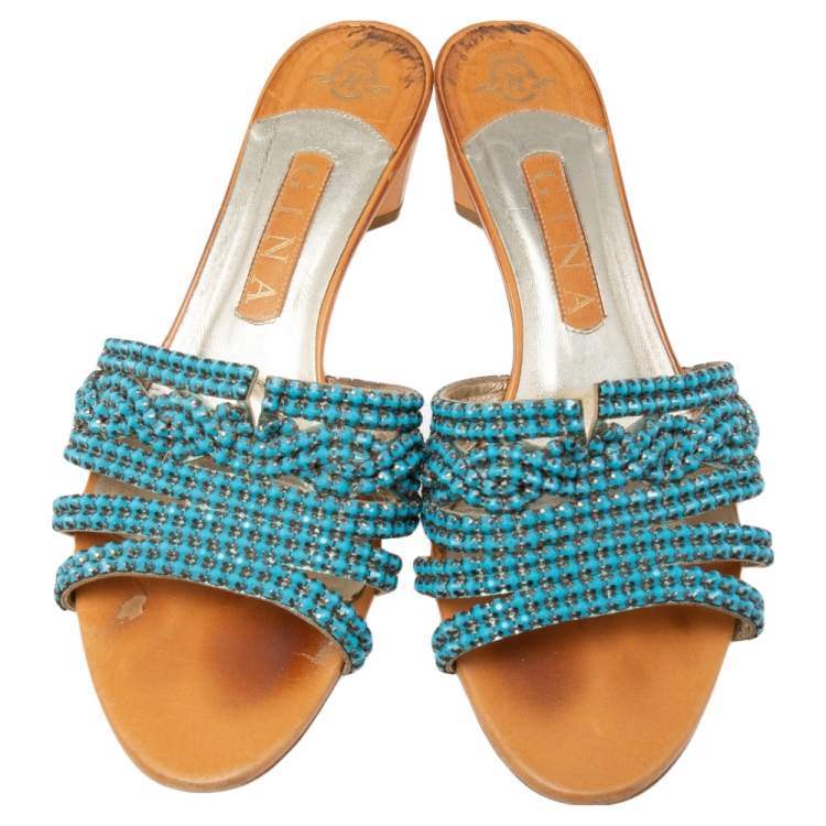 Pre Owned Gina Brown Leather Embellished Loren Slide Sandals Size 39