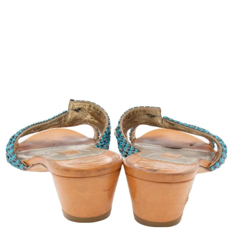 Pre Owned Gina Brown Leather Embellished Loren Slide Sandals Size 39