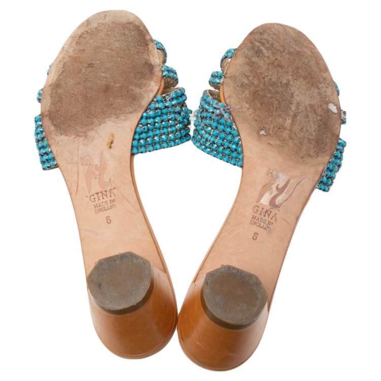 Pre Owned Gina Brown Leather Embellished Loren Slide Sandals Size 39