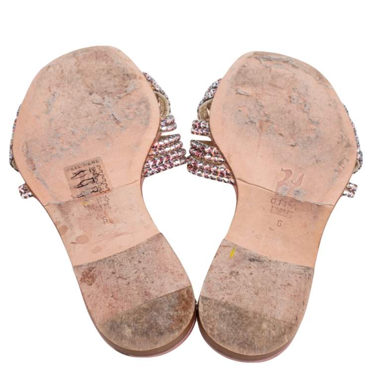Pre Owned Gina Pink Crystal Embellished Leather Flat Slides Size 39