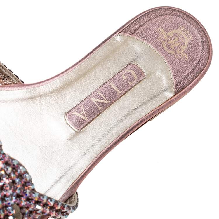 Pre Owned Gina Pink Crystal Embellished Leather Flat Slides Size 39
