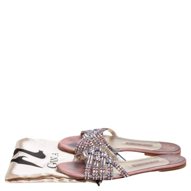 Pre Owned Gina Pink Crystal Embellished Leather Flat Slides Size 39