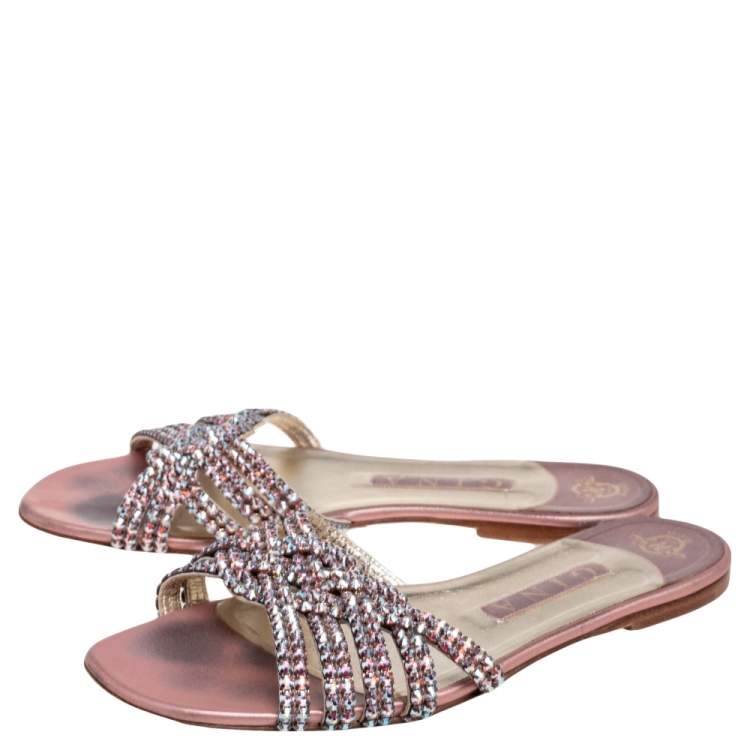 Pre Owned Gina Pink Crystal Embellished Leather Flat Slides Size 39