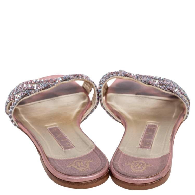 Pre Owned Gina Pink Crystal Embellished Leather Flat Slides Size 39