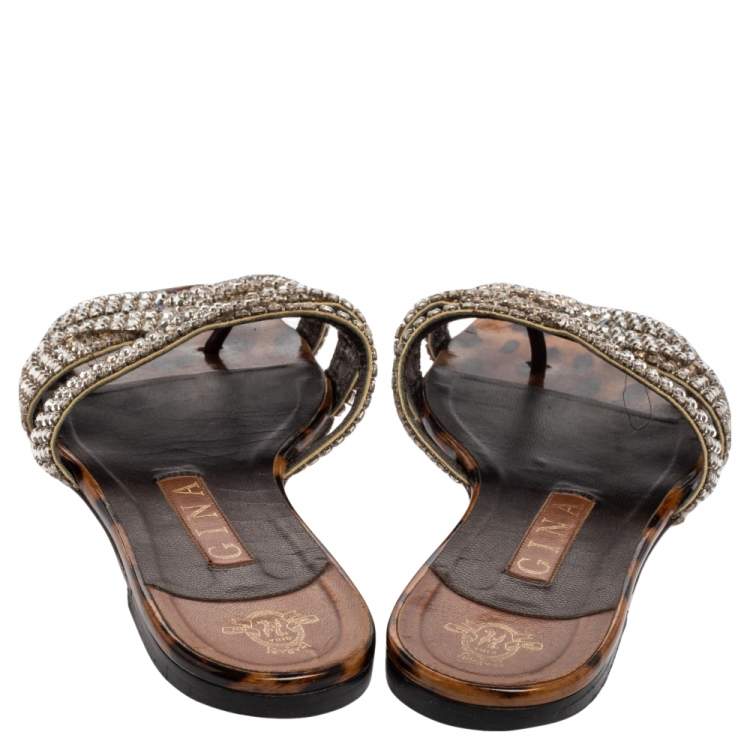مملوكة مسبقًا Gina Brown/Silver Crystals Embellished Leather Flat Slides Size 38.5