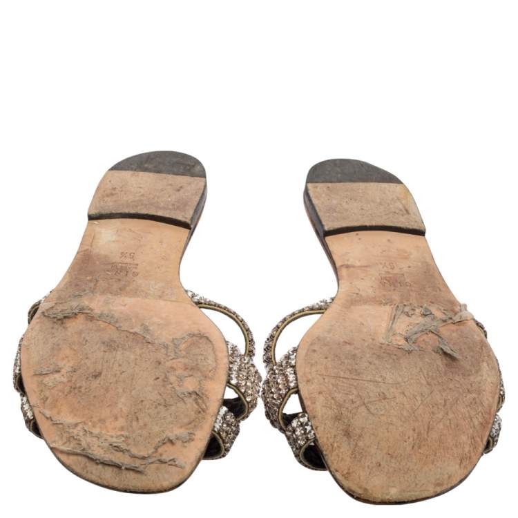 مملوكة مسبقًا Gina Brown/Silver Crystals Embellished Leather Flat Slides Size 38.5