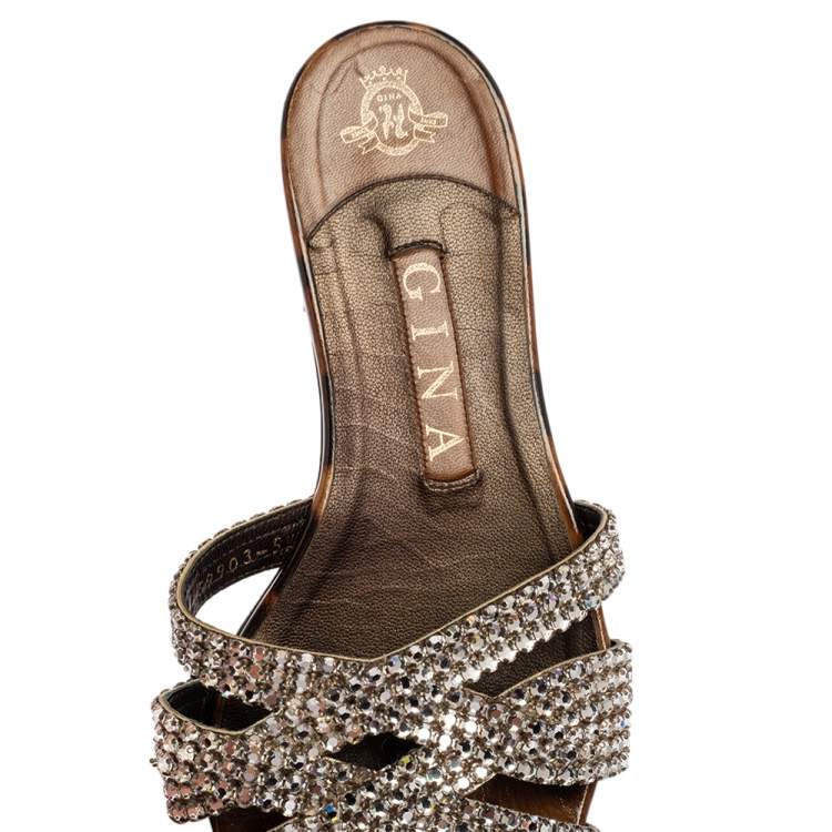 مملوكة مسبقًا Gina Brown/Silver Crystals Embellished Leather Flat Slides Size 38.5