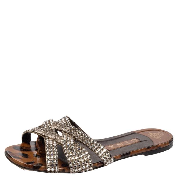 مملوكة مسبقًا Gina Brown/Silver Crystals Embellished Leather Flat Slides Size 38.5