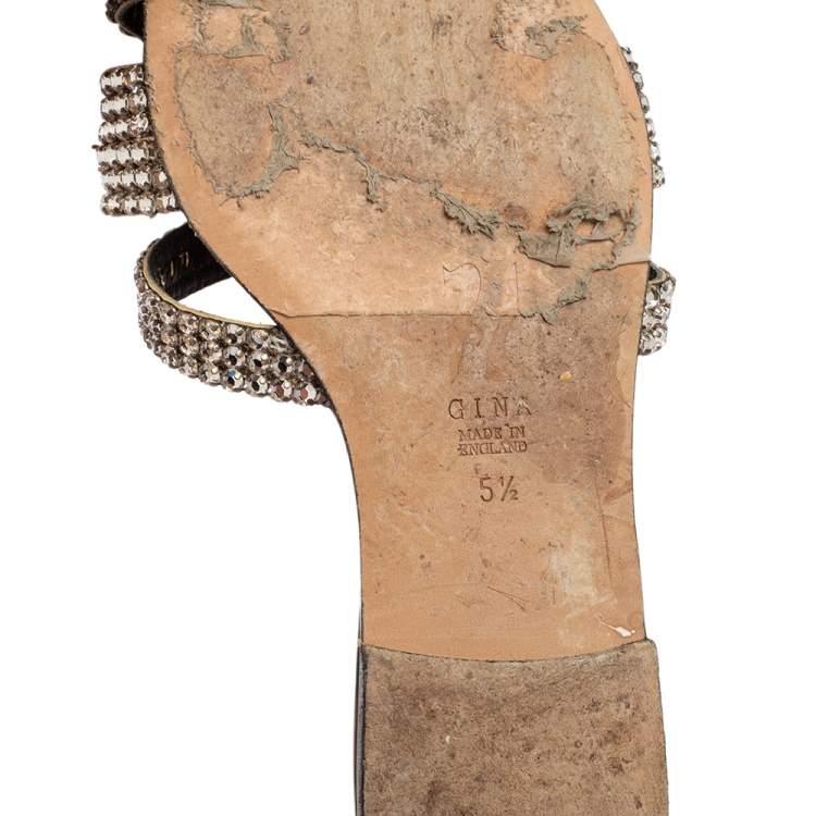 مملوكة مسبقًا Gina Brown/Silver Crystals Embellished Leather Flat Slides Size 38.5