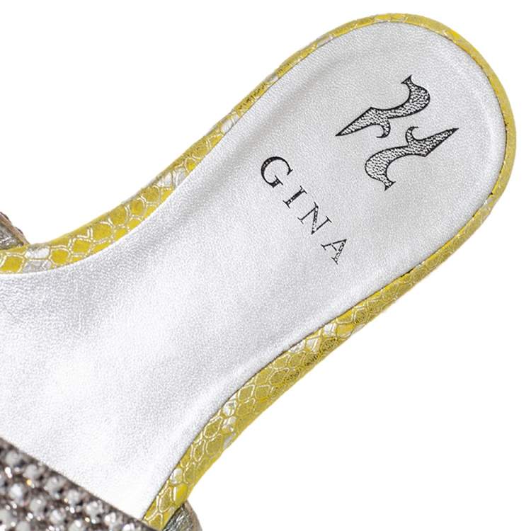 Pre Owned Gina Lime Yellow/Silver Crystal Embellished Leather Flat Slides Size 38.5