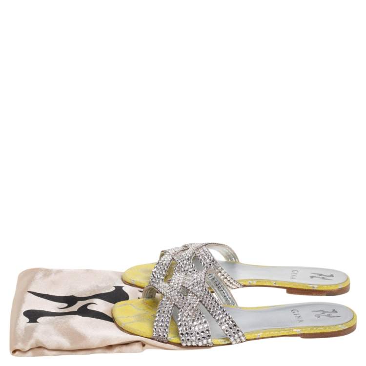 Pre Owned Gina Lime Yellow/Silver Crystal Embellished Leather Flat Slides Size 38.5