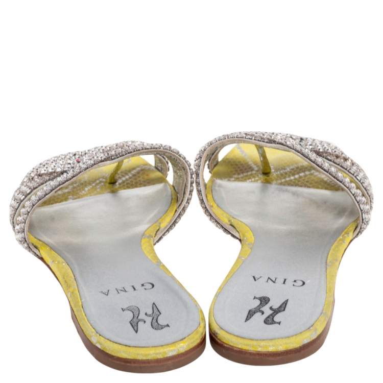 Pre Owned Gina Lime Yellow/Silver Crystal Embellished Leather Flat Slides Size 38.5