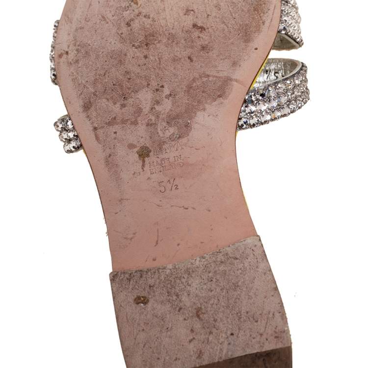 Pre Owned Gina Lime Yellow/Silver Crystal Embellished Leather Flat Slides Size 38.5