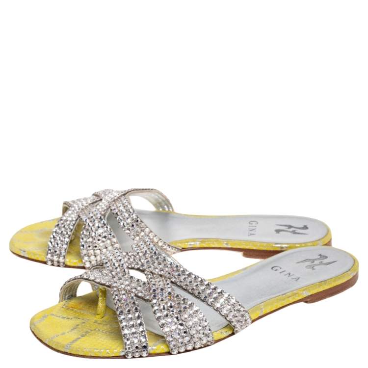 Pre Owned Gina Lime Yellow/Silver Crystal Embellished Leather Flat Slides Size 38.5
