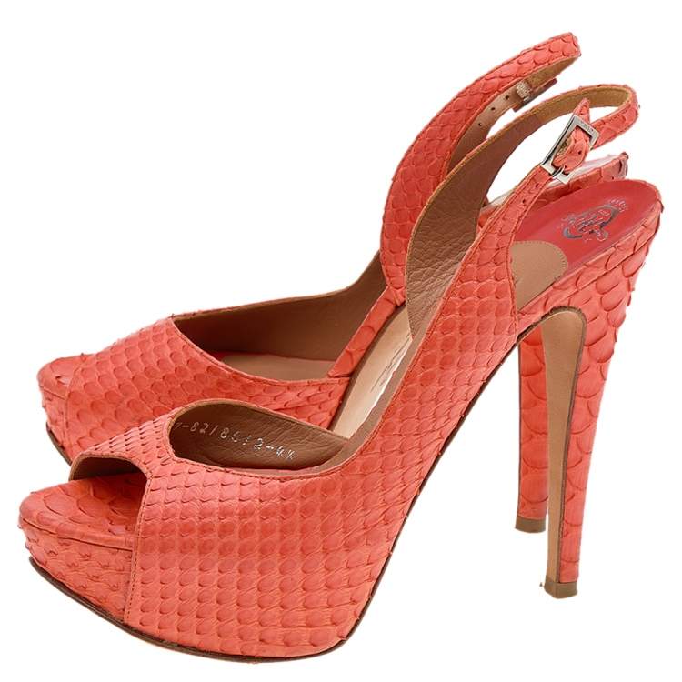 Pre Owned Gina Orange Python Leather Ankle Strap Sandals Size 37.5
