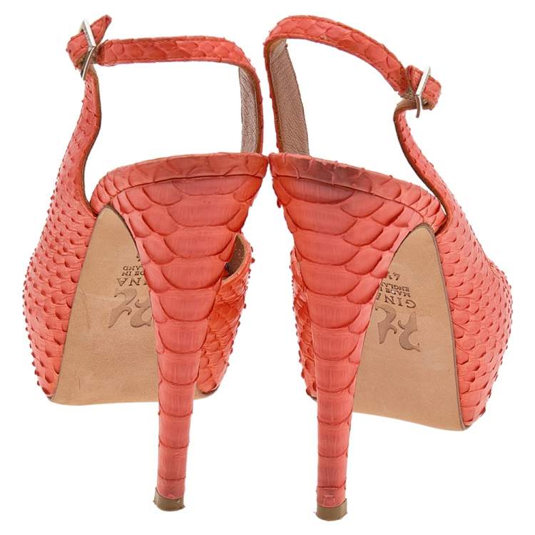 Pre Owned Gina Orange Python Leather Ankle Strap Sandals Size 37.5