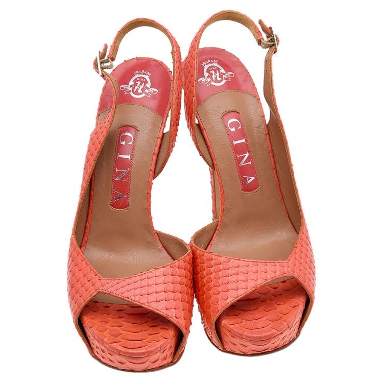 Pre Owned Gina Orange Python Leather Ankle Strap Sandals Size 37.5