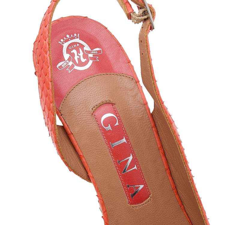 Pre Owned Gina Orange Python Leather Ankle Strap Sandals Size 37.5