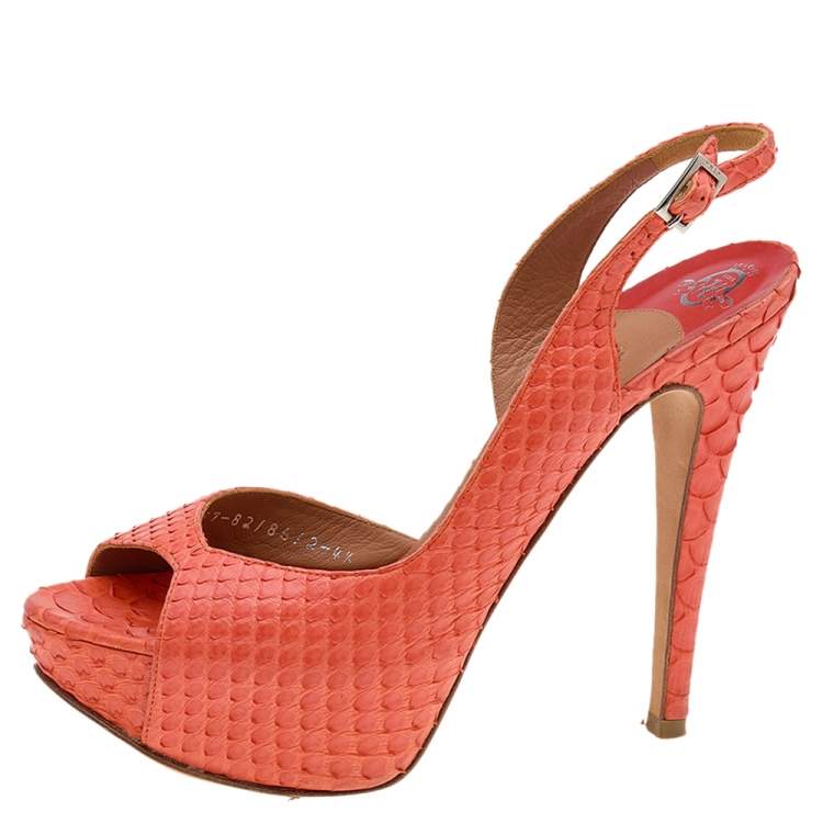 Pre Owned Gina Orange Python Leather Ankle Strap Sandals Size 37.5