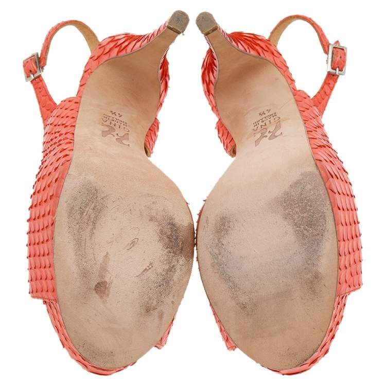 Pre Owned Gina Orange Python Leather Ankle Strap Sandals Size 37.5
