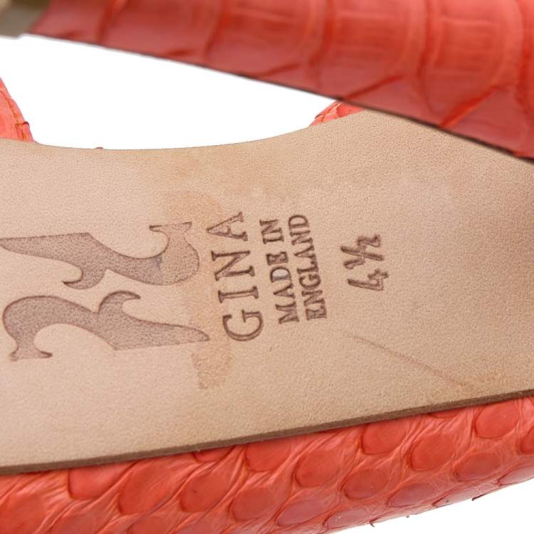 Pre Owned Gina Orange Python Leather Ankle Strap Sandals Size 37.5