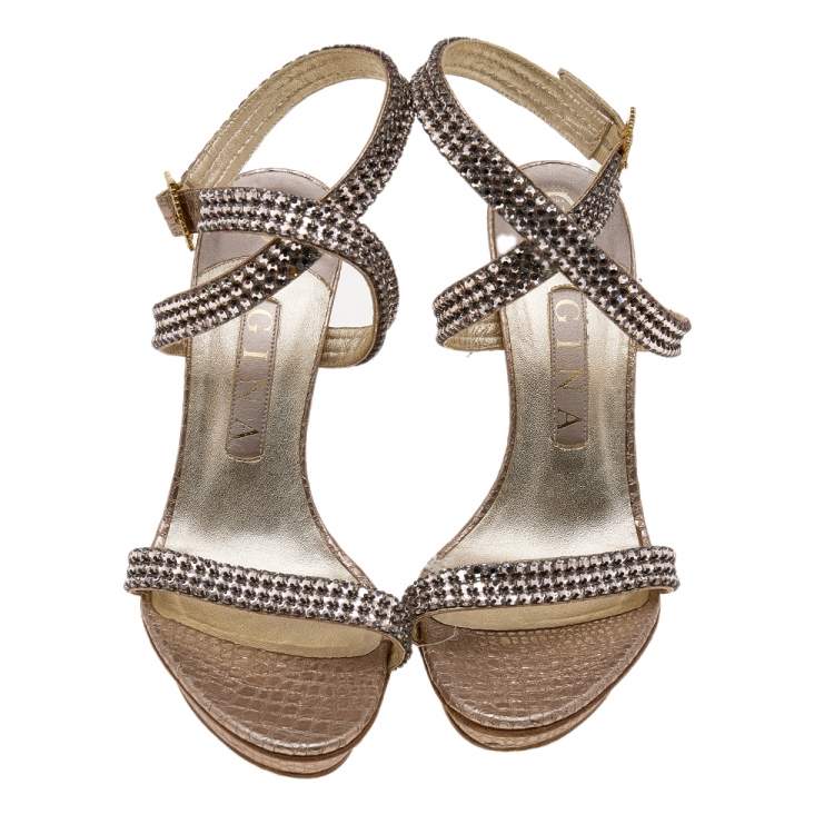 Pre Owned Gina Gold Leather Crystal Embellished Cross Ankle Strap Sandals Size 38
