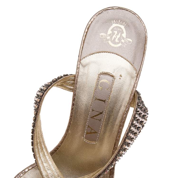 Pre Owned Gina Gold Leather Crystal Embellished Cross Ankle Strap Sandals Size 38