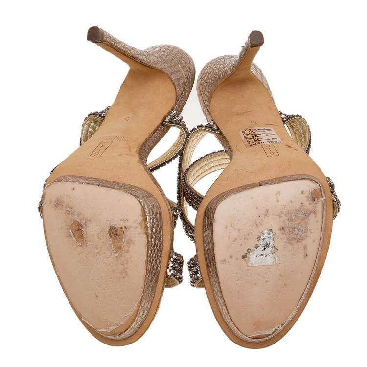 Pre Owned Gina Gold Leather Crystal Embellished Cross Ankle Strap Sandals Size 38