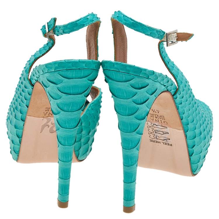 Pre Owned Gina Blue Python Leather Platform Pumps Size 37.5