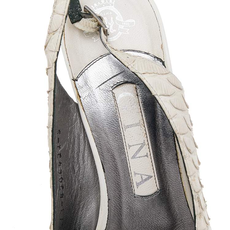 Pre Owned Gina White Python Leather Peep Toe Platform Slingback Sandals Size 38