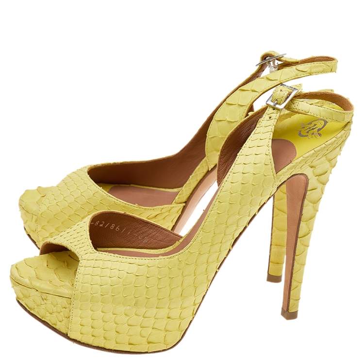 Pre Owned Gina Yellow Python Leather Peep Toe Platform Slingback Sandals Size 37.5