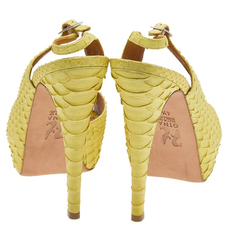 Pre Owned Gina Yellow Python Leather Peep Toe Platform Slingback Sandals Size 37.5