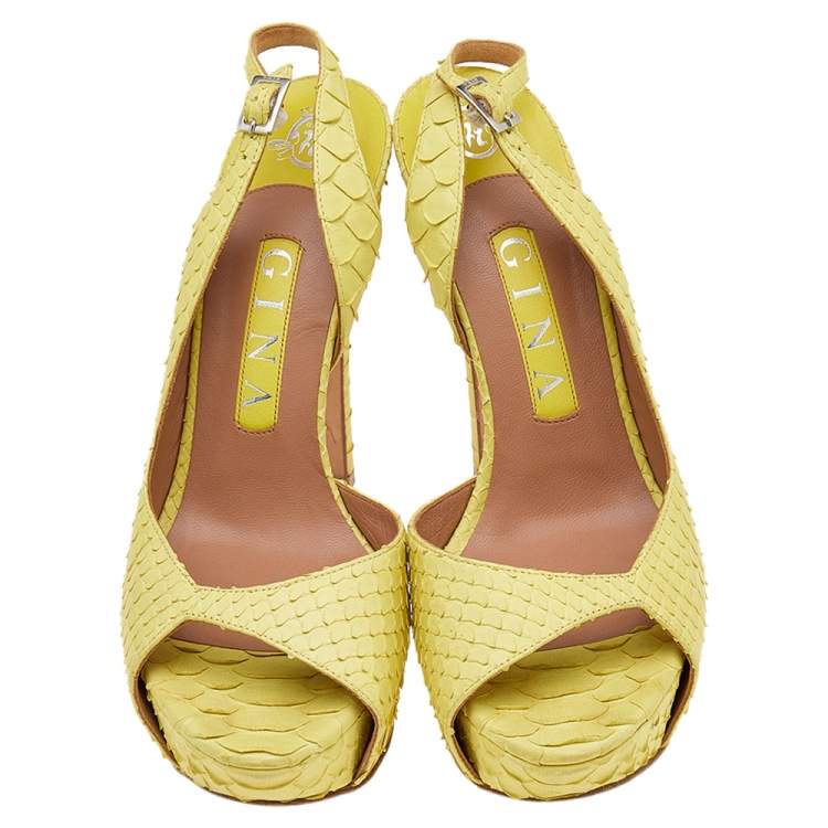 Pre Owned Gina Yellow Python Leather Peep Toe Platform Slingback Sandals Size 37.5