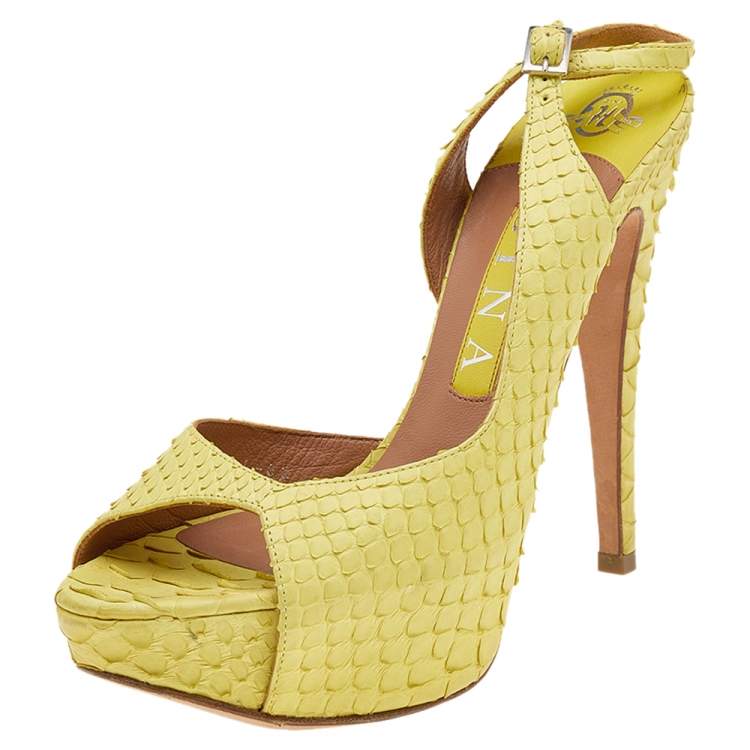Pre Owned Gina Yellow Python Leather Peep Toe Platform Slingback Sandals Size 37.5