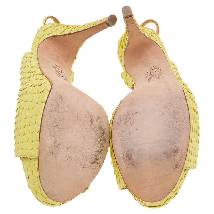 Pre Owned Gina Yellow Python Leather Peep Toe Platform Slingback Sandals Size 37.5