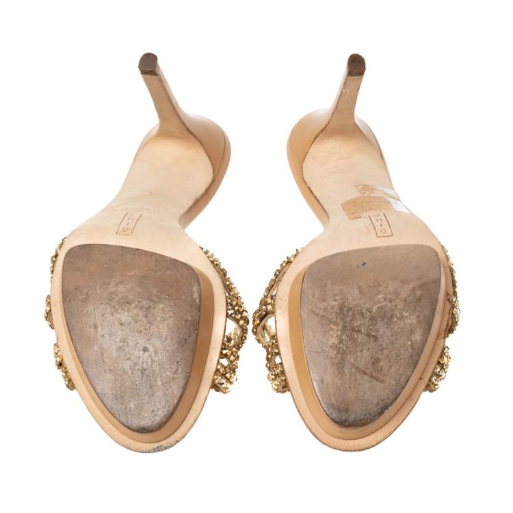 Pre Owned Gina Mid Tan Crystal Embellished Leather Platform Slide Sandals Size 37
