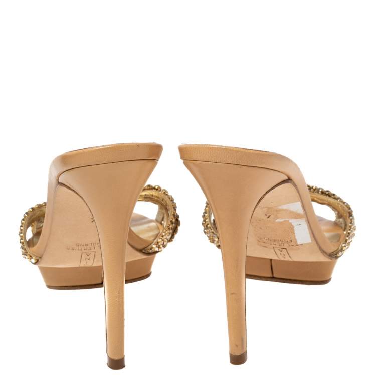 Pre Owned Gina Mid Tan Crystal Embellished Leather Platform Slide Sandals Size 37