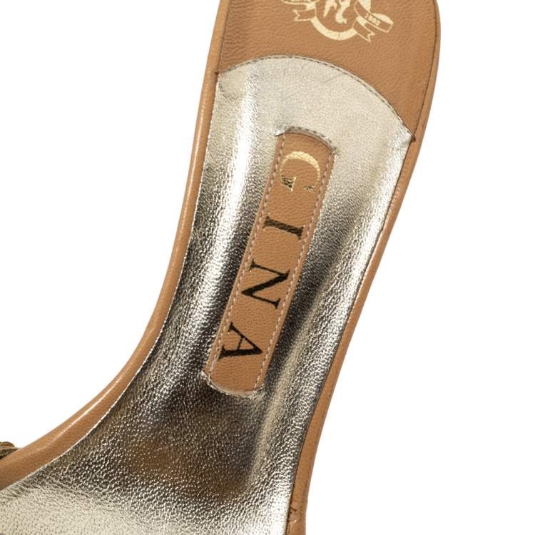 Pre Owned Gina Mid Tan Crystal Embellished Leather Platform Slide Sandals Size 37
