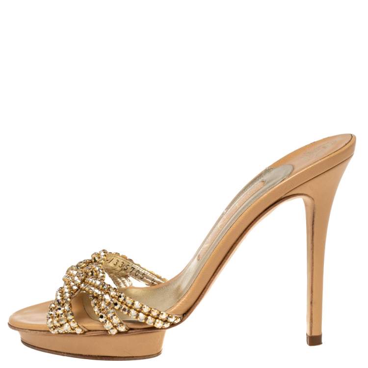 Pre Owned Gina Mid Tan Crystal Embellished Leather Platform Slide Sandals Size 37