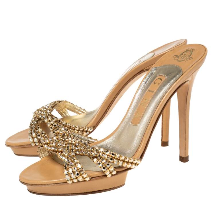 Pre Owned Gina Mid Tan Crystal Embellished Leather Platform Slide Sandals Size 37