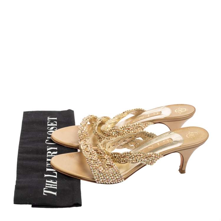 Pre Owned Gina Gold Crystal Embellished And Leather Slide Sandals Size 39