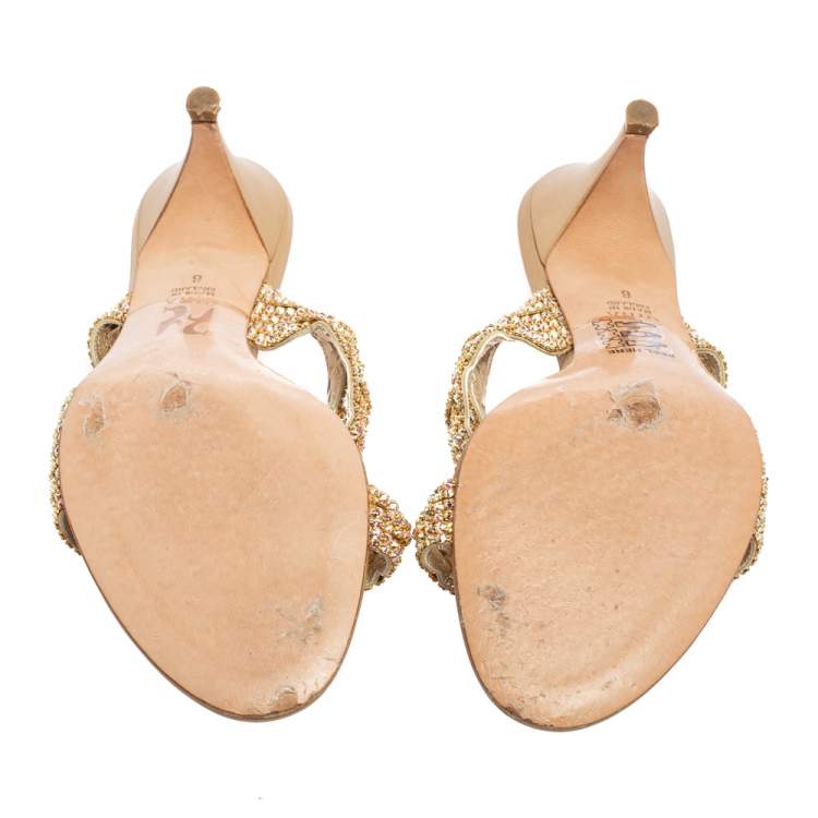 Pre Owned Gina Gold Crystal Embellished And Leather Slide Sandals Size 39